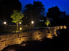 landscape lighting around flagstone and fire pit area