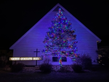 Pine tree decorated with multicolor lights in New Richmond, WI